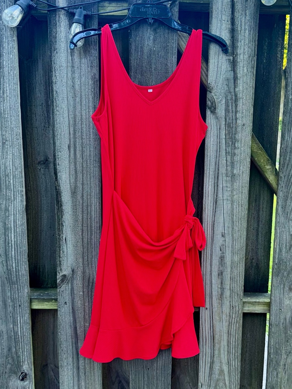 XIEERDUO Red Tie-Side Ribbed vneck Mini Dress
